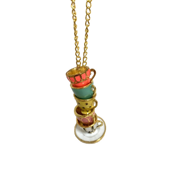 Multicolor Teacups & Saucers Necklace Drop Pendant Enameled Cups Gold Tone Chain - Picture 8 of 15